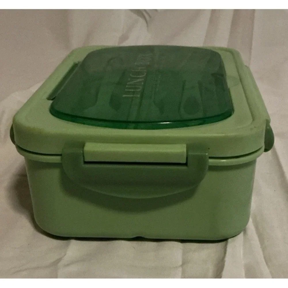 Lunch‎ Box Avacado Green Plastic Utensils Chopsticks Fork Knife Spoon Snap Sides